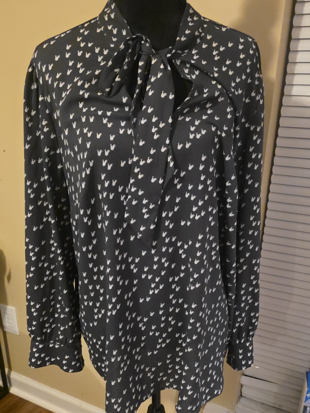 LOFT Black Tie-Neck Blouse with White Heart Print